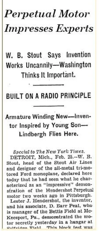 February 25, 1928 New York Times - Perpetual Motor Impresses Experts, W.B. Stout verification