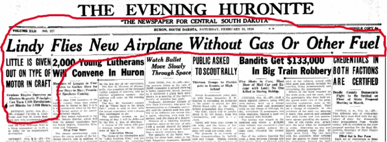 February 25, 1928 The Evening Huronite - Lindy Flies New Airplane Without Gas Or Other Fuel