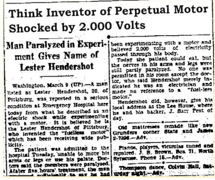 March 9, 1928 newspaper - Think Inventor of Perpetual Motor Shocked by 2,000 Volts