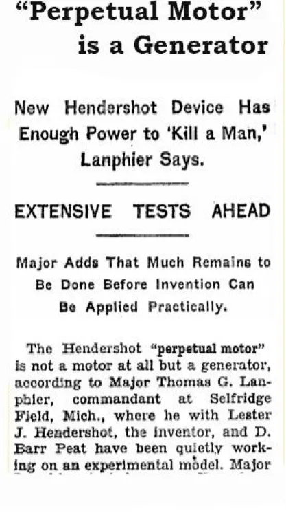 1928 newspaper - Perpetual Motor is a Generator, Major Lanphier confirmation