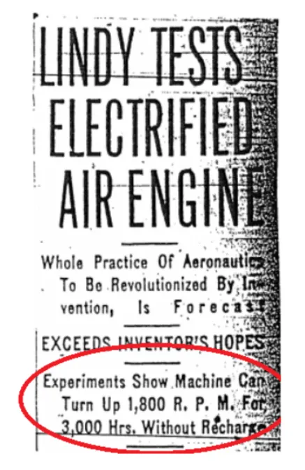1928 newspaper - Lindy Tests Electrified Air Engine, 1,800 RPM for 3,000 hours without recharging