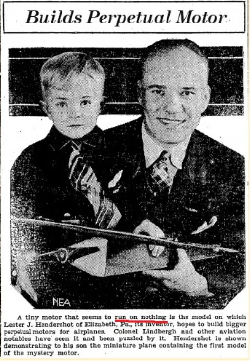 Lester J. Hendershot, inventor of the Hendershot Generator, demonstrates the fuel-less motor to his son in 1928